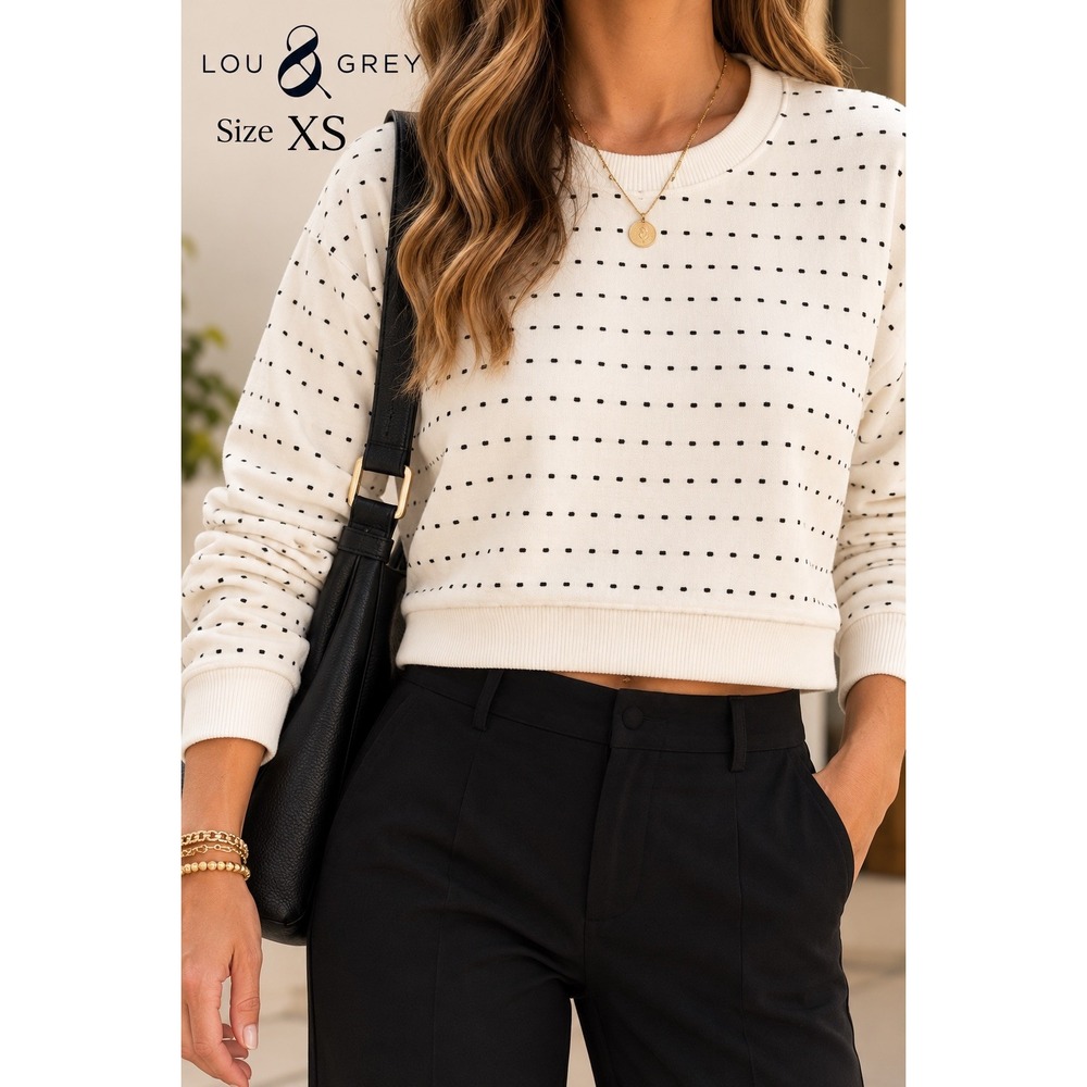 Lou & Grey Womens XS Cream Dotted Stripe Cropped French Terry Sweatshirt